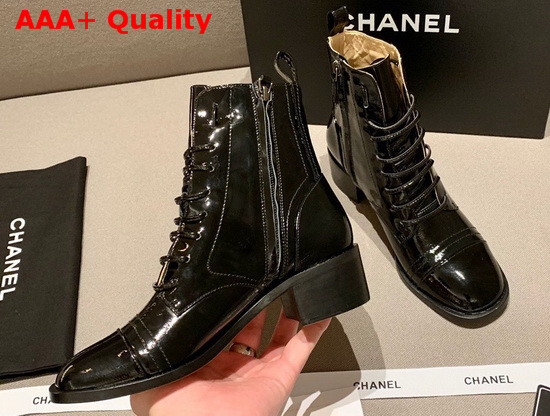 Chanel Lace Up Boots with Side Zip Black Patent Calfskin Replica