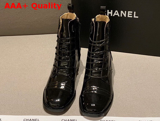 Chanel Lace Up Boots with Side Zip Black Patent Calfskin Replica