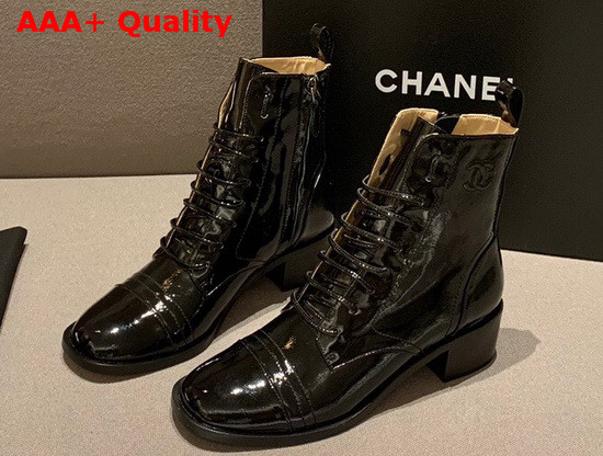 Chanel Lace Up Boots with Side Zip Black Patent Calfskin Replica