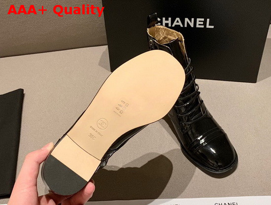 Chanel Lace Up Boots with Side Zip Black Patent Calfskin Replica