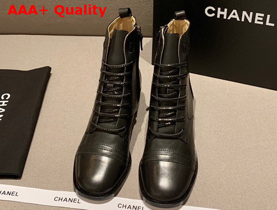 Chanel Lace Up Boots with Side Zip Black Patent Calfskin Replica