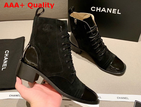 Chanel Lace Up Boots with Side Zip Black Suede and Patent Calfskin Replica