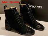 Chanel Lace Up Boots with Side Zip Black Suede and Patent Calfskin Replica