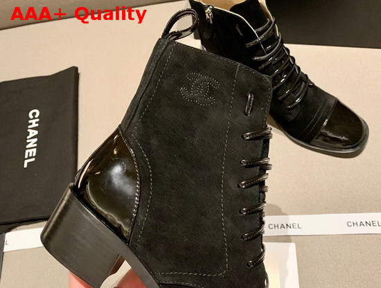 Chanel Lace Up Boots with Side Zip Black Suede and Patent Calfskin Replica