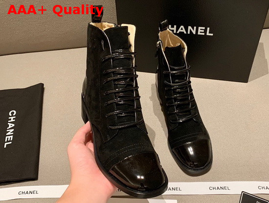 Chanel Lace Up Boots with Side Zip Black Suede and Patent Calfskin Replica