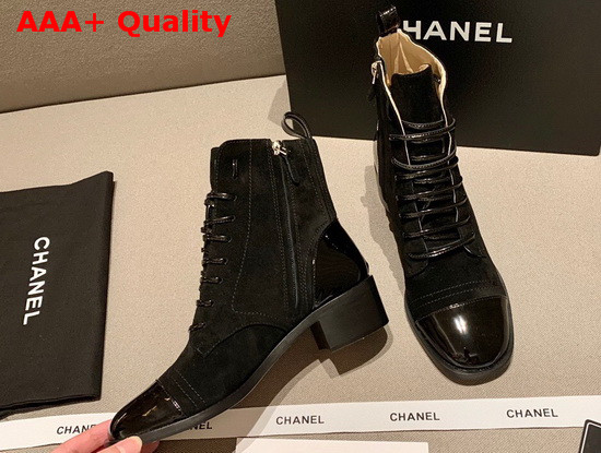 Chanel Lace Up Boots with Side Zip Black Suede and Patent Calfskin Replica