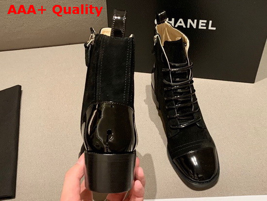 Chanel Lace Up Boots with Side Zip Black Suede and Patent Calfskin Replica