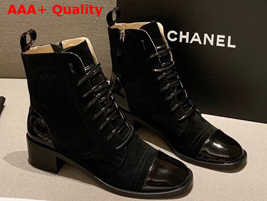 Chanel Lace Up Boots with Side Zip Black Suede and Patent Calfskin Replica