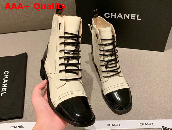 Chanel Lace Up Boots with Side Zip White Patent Calfskin Replica