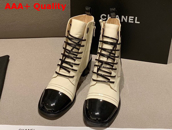 Chanel Lace Up Boots with Side Zip White Patent Calfskin Replica