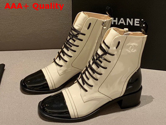 Chanel Lace Up Boots with Side Zip White Patent Calfskin Replica