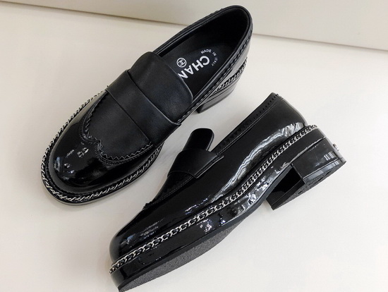 Chanel Lace Up Loafers in Black Calfskin and Patent Leather Replica