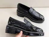 Chanel Lace Up Loafers in Black Calfskin and Patent Leather Replica