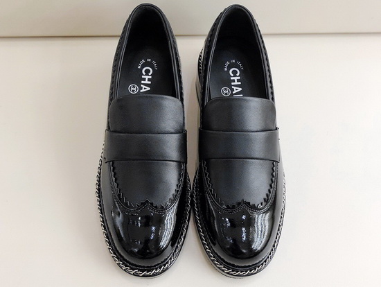 Chanel Lace Up Loafers in Black Calfskin and Patent Leather Replica