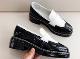 Chanel Lace Up Loafers in White Calfskin and Black Patent Leather Replica