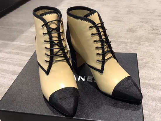 Chanel Lace Up Short Boot in Beige Lambskin and Black Grosgrain