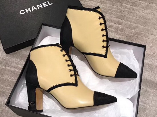 Chanel Lace Up Short Boot in Beige Lambskin and Black Grosgrain