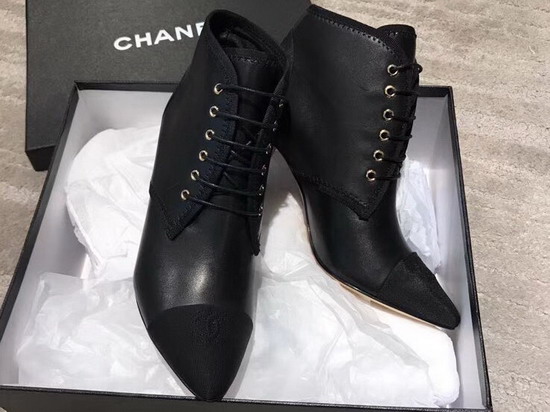 Chanel Lace Up Short Boot in Black Lambskin and Grosgrain