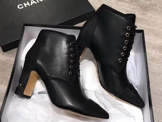 Chanel Lace Up Short Boot in Black Lambskin and Grosgrain