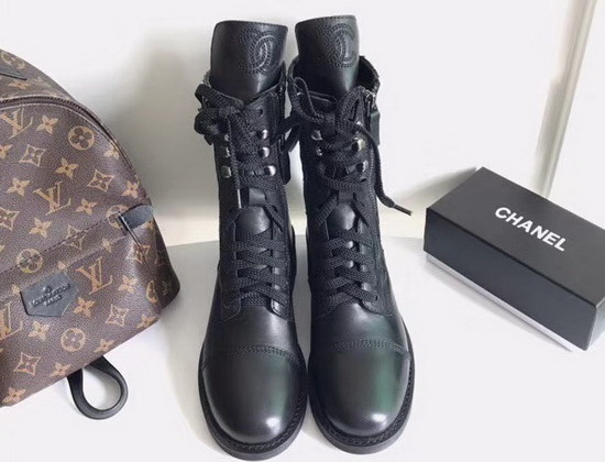 Chanel Lace Up Short Boot in Black Smooth Calfskin