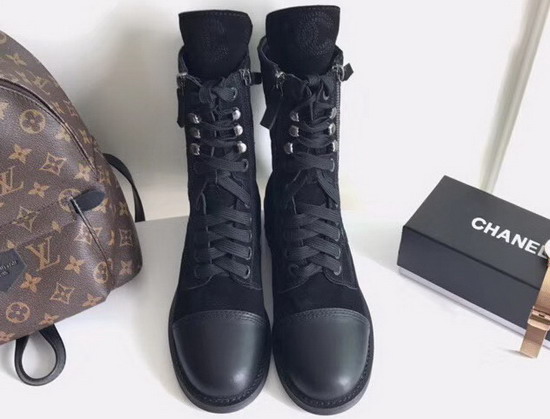 Chanel Lace Up Short Boot in Black Suede Calfskin and Smooth Calfskin