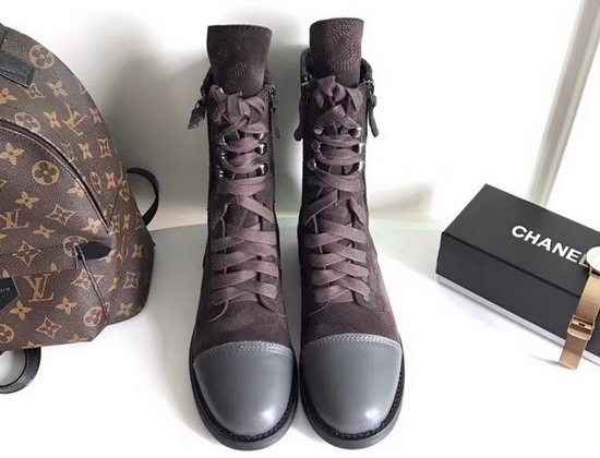 Chanel Lace Up Short Boot in Brown Suede Calfskin