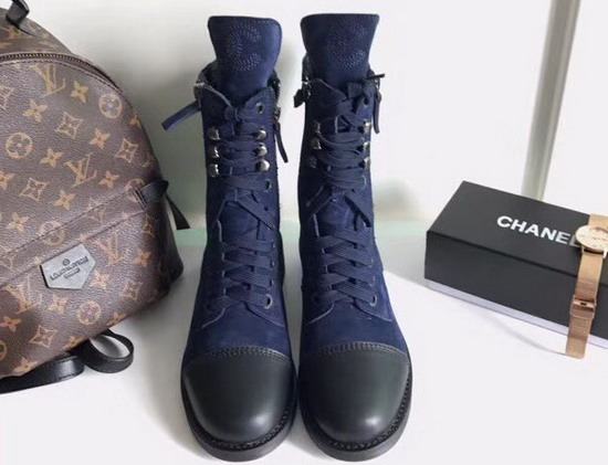 Chanel Lace Up Short Boot in Navy Blue Suede Calfskin