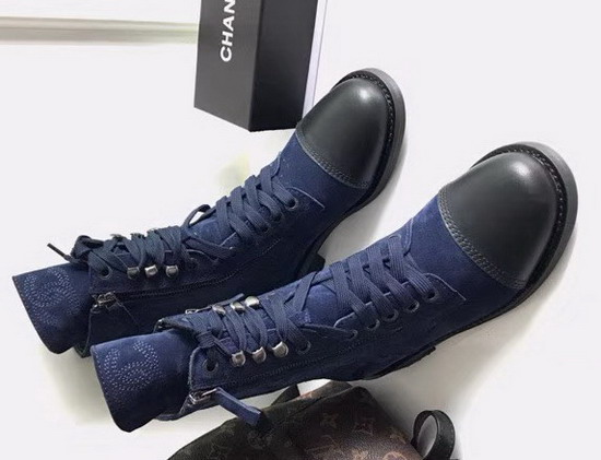 Chanel Lace Up Short Boot in Navy Blue Suede Calfskin