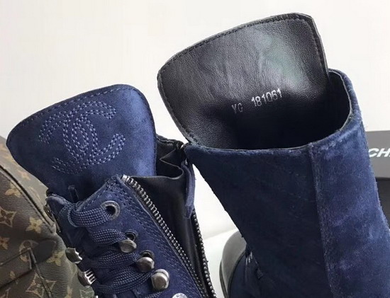 Chanel Lace Up Short Boot in Navy Blue Suede Calfskin