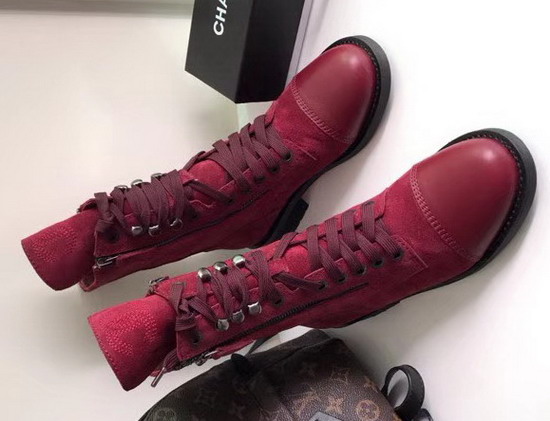 Chanel Lace Up Short Boot in Red Suede Calfskin