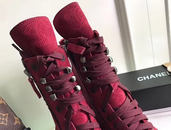 Chanel Lace Up Short Boot in Red Suede Calfskin