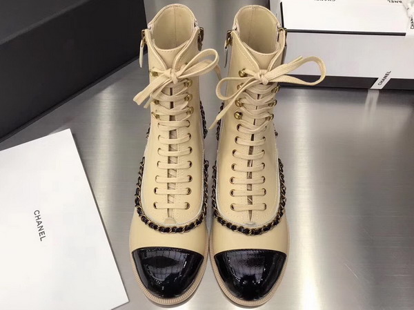 Chanel Lace Ups Beige Calfskin and Black Patent Leather For Sale