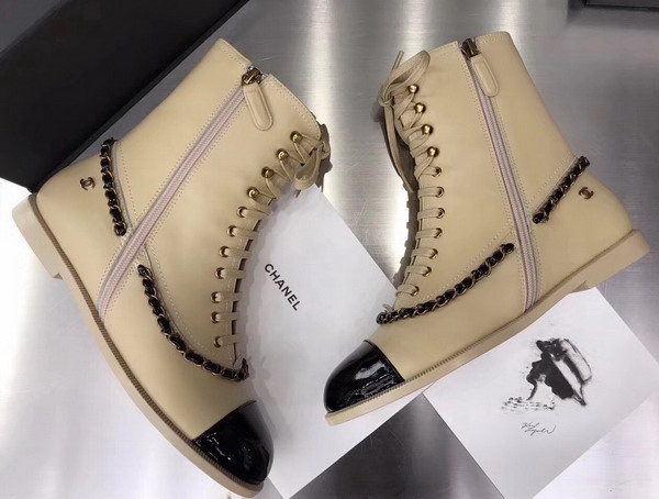 Chanel Lace Ups Beige Calfskin and Black Patent Leather For Sale