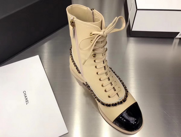 Chanel Lace Ups Beige Calfskin and Black Patent Leather For Sale