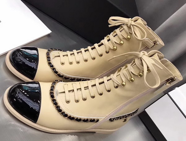 Chanel Lace Ups Beige Calfskin and Black Patent Leather For Sale