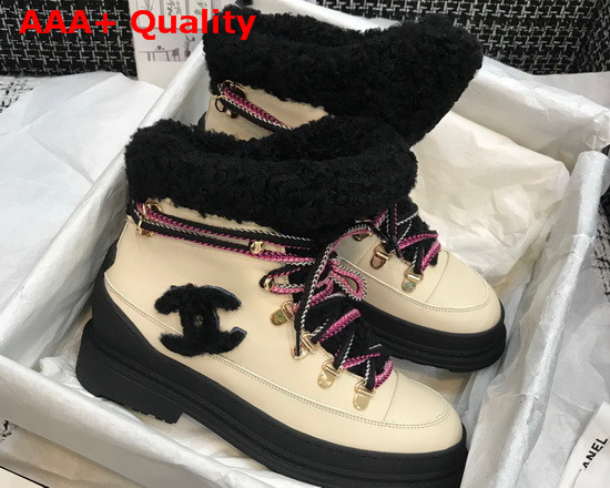 Chanel Lace Ups Beige Calfskin and Black Shearling Lining Replica