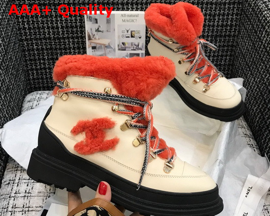 Chanel Lace Ups Beige Calfskin and Orange Shearling Lining Replica