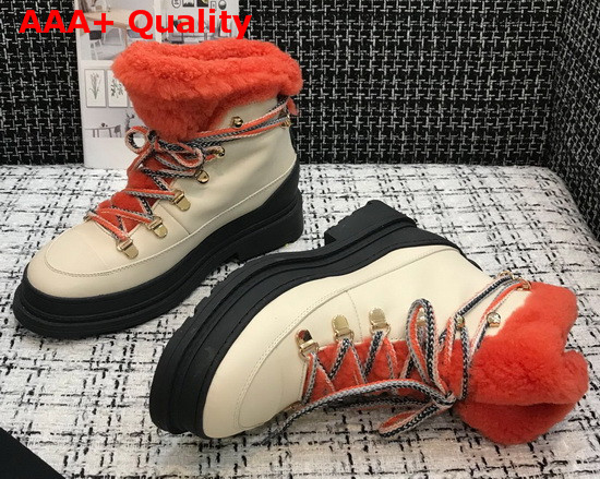 Chanel Lace Ups Beige Calfskin and Orange Shearling Lining Replica