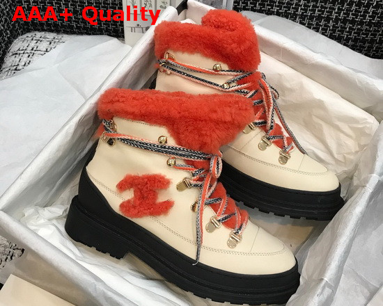 Chanel Lace Ups Beige Calfskin and Orange Shearling Lining Replica