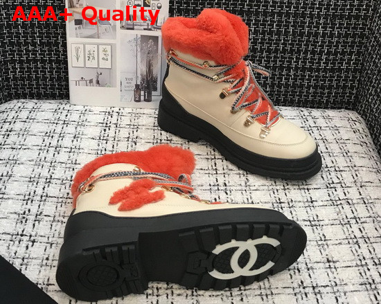 Chanel Lace Ups Beige Calfskin and Orange Shearling Lining Replica