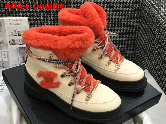 Chanel Lace Ups Beige Calfskin and Orange Shearling Lining Replica