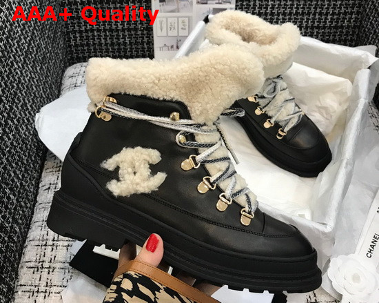 Chanel Lace Ups Black Calfskin and Beige Shearling Lining Replica