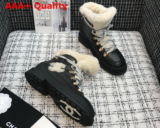 Chanel Lace Ups Black Calfskin and Beige Shearling Lining Replica