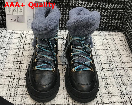 Chanel Lace Ups Black Calfskin and Blue Shearling Lining Replica