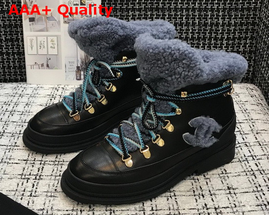 Chanel Lace Ups Black Calfskin and Blue Shearling Lining Replica