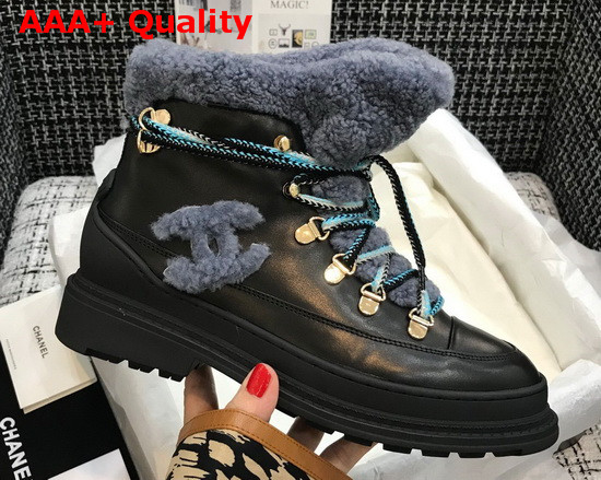 Chanel Lace Ups Black Calfskin and Blue Shearling Lining Replica