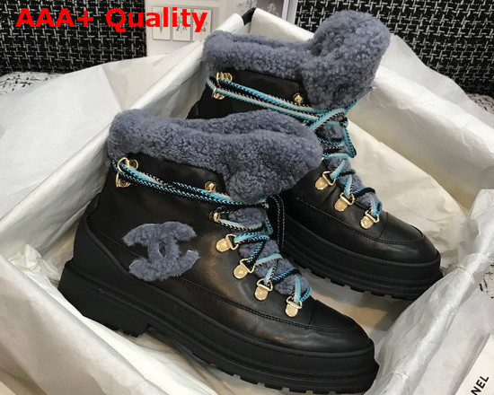 Chanel Lace Ups Black Calfskin and Blue Shearling Lining Replica