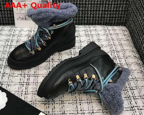 Chanel Lace Ups Black Calfskin and Blue Shearling Lining Replica