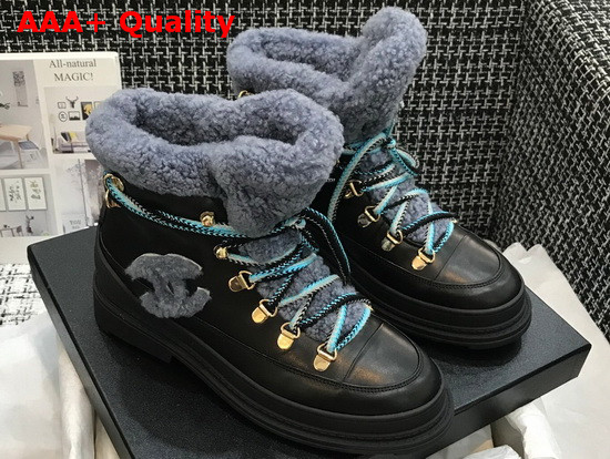 Chanel Lace Ups Black Calfskin and Blue Shearling Lining Replica