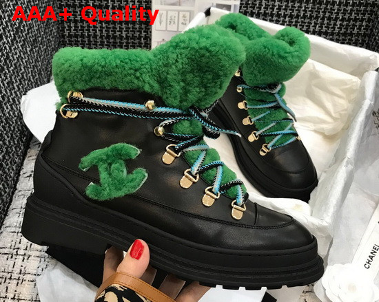 Chanel Lace Ups Black Calfskin and Green Shearling Lining Replica